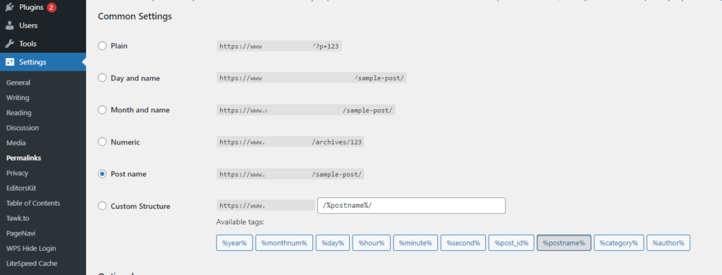  tampilan pengaturan permalink di WordPress